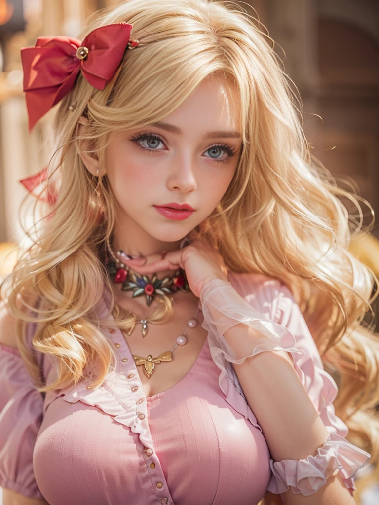 (teen-girl with hugebigboobs:1.4),(red smock:1.4),(blunt bangs:1.2),(happy expression:1.3), (messy medium hair:1.4),(American girl:1.3),(off-the-shoulder top:1.5) (crystal room :1.6), (blond hair :1.3),