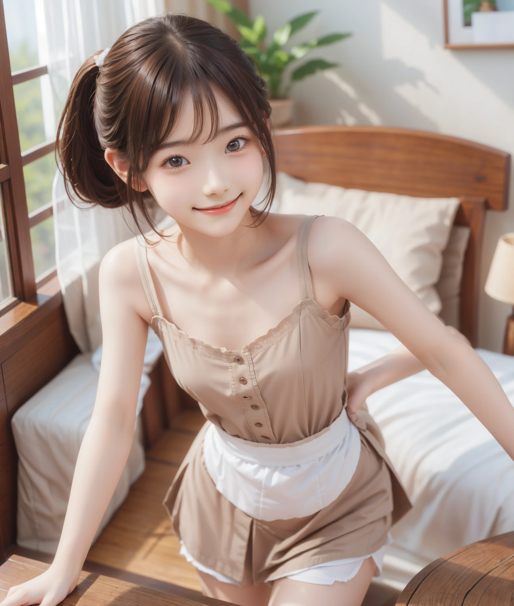 Maid,cute pretty girl,masterpiece,high definition,4k,8k,16k,chignon hair,brown hair,skinny,thin body,smile