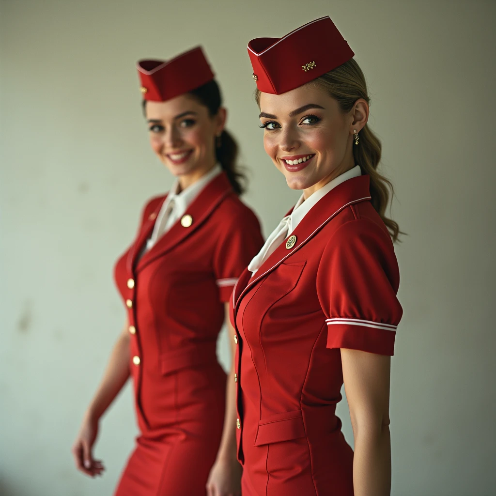 a perfect photo of smiling flight attendants in red cap and white gloves, Stewardess, red uniform, sky <lyco:RussianStewardess_v10:0.8>