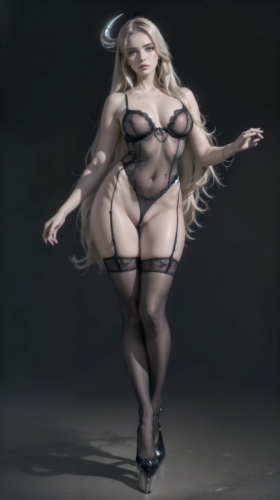 In a vividly enigmatic narrative ,  a mysterious augmented reality unfolds in a dark environment ,  revealing a fantastic kingdom intertwining virtual and real worlds .  She is extremely sexy and has a cute face with eyes shaped like a purple moon.  Gold and violet colors dance with intense vibration , as if he were alive,  and each trait conveys a sense of ethereal beauty .  The image pulsates with an energy similar to life , capturando effortlessly o olhar do espectador,  while the level of detail immerses them in a story of intrigue and wonder .Standing seductive pose，one piece body lingerie, Legs, a lot of dark jewelry：1 emma watson）， true masterpiece， best quality， RAW photography， realisticlying， cute face，(long flowing blond hair), Incredibly Ridiculous res， Beautiful beauty， Ear studs， (Long silver hair，jewelry, litlle demon horn(Black lace-trimmed stockings)，(highheels)，depth of fields， A high resolution， ultra - detailed， filigree， RAWE is very detailed， very detailed eyes and faces， Sharp pupils， realistic pupil， tack sharp focus， cinematic lighting，full bodyesbian，Bigboobs，long Legs，Look from the front，inside a dark gothic stone castle，dynamicposes, PERSEPHONE, PERSEPHONE, Persephone, (SFW:1.5),  (full body:1.8), (upper body up:0.3), (hyper realistic:1.4), (realistic:1.3), (best quality real texture skin), Detailed eyes, detailed face,[long hair hair]:1.8), (full body:1.8), (upper body up:0.3), (hyper realistic:1.4), (realistic:1.3), (best quality real texture skin), Detailed eyes, detailed face, PERSEPHONE, persephone, (SFW:1.5) Hyperrealistic