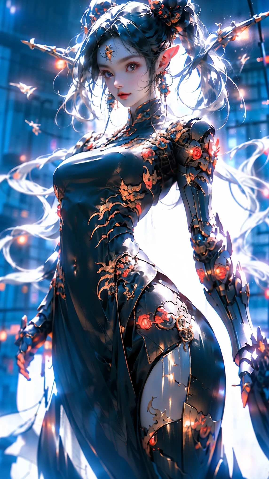 （（best qualtiy））， （（tmasterpiece））， （The is very detailed：1.3）， sci-fi mech， Beautiful cyberpunk woman wearing mech，Bare with thighs，Wear mecha-style boots，Bare shoulders and upper arms，Mecha-style gloves，Bare abdomen and navel，pleatedskirt，lean legs，Carry a weapon，Wear black stockings，Broken stockings， hdr（HighDynamicRange）， Ray traching， NVIDIA RTX， Hyper-Resolution， Unreal 5， sub surface scattering， PBR Texture， post-proces， Anisotropic filtering， depth of fields， Maximum clarity and sharpness， Many-Layer Textures， Albedo e mapas Speculares， Surface coloring，Accurately simulate light-material interactions，perfectly proportions，rendering by octane，twotonelighting，Low ISO，White balance，trichotomy，Wide aperture，8K raw data，High-Efficiency Sub-Pixel，sub-pixel convolution，Luminous Particle，Light scattering，Tyndall effect, big breast, big ass