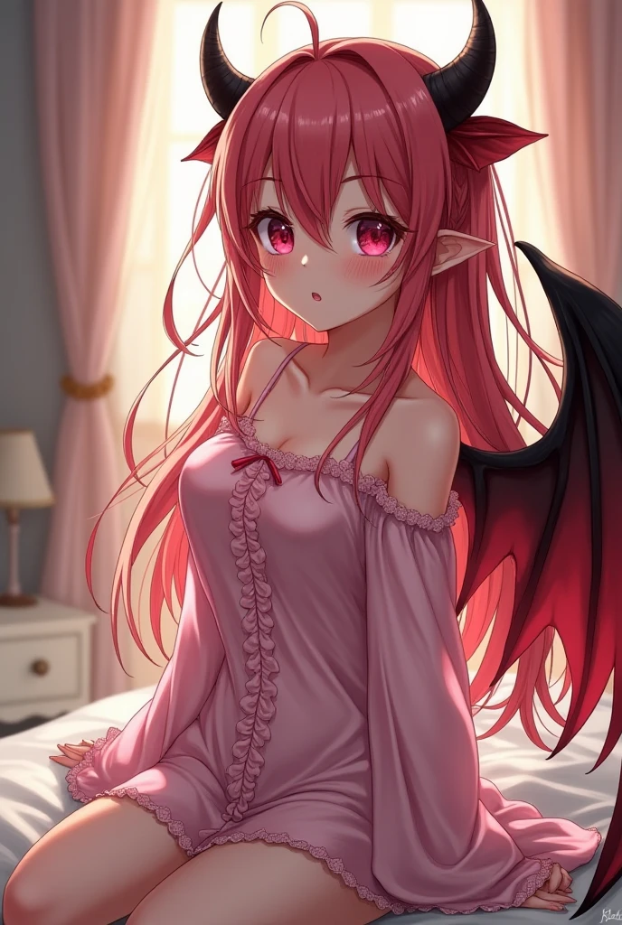 masterpiece, best quality, highres, kitagawa marin, 1girl, red hair, two side up, long hair, green eyes, pointy ears, demon horns, navel, demon tail, demon wings, long sleeves, frilled shirt collar, frilled panties, smile, cowboy shot, indoors, straight-on, arms at sides, medium breasts,