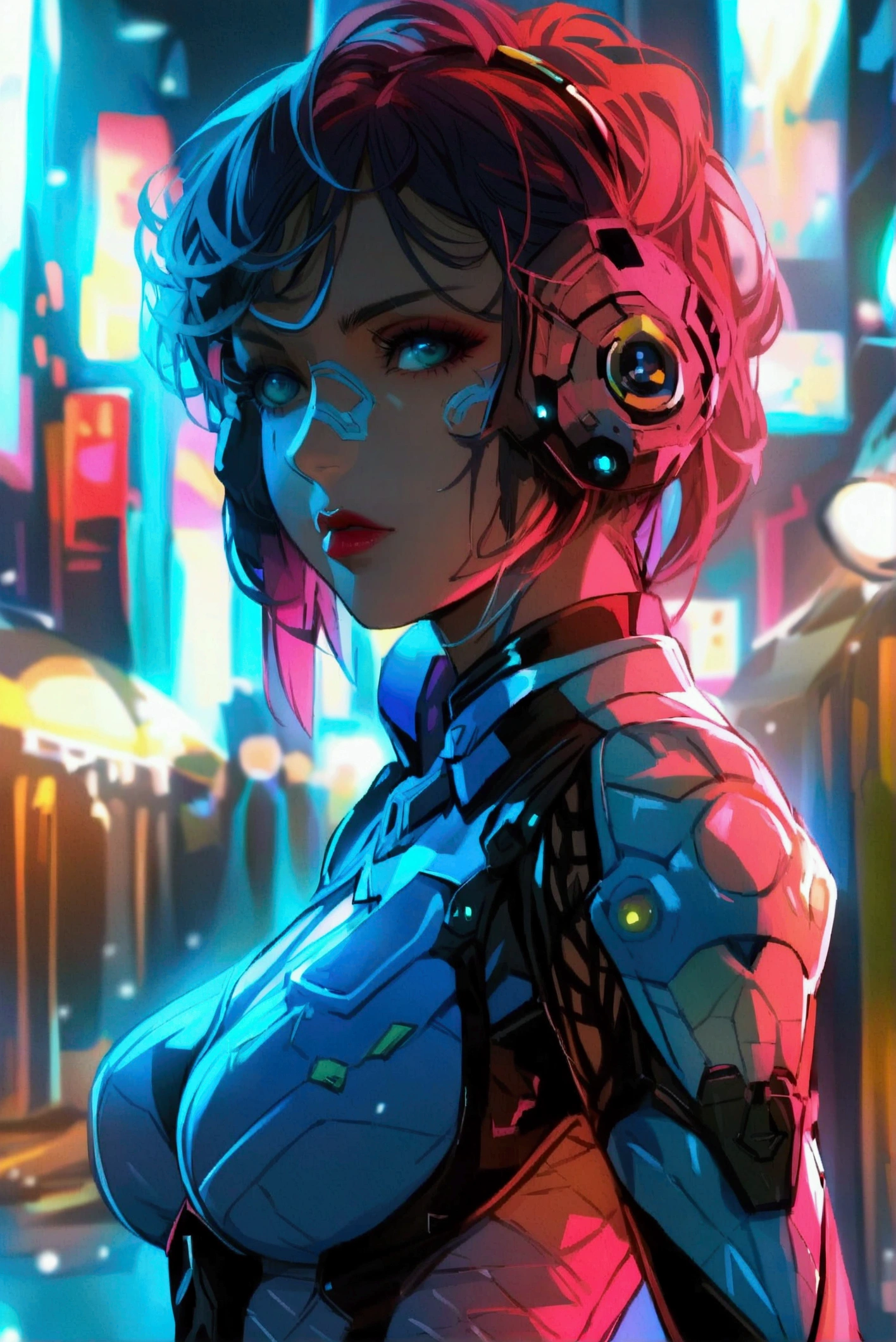 girl 2 meters tall purple hair gigantic busty with a very big ass and a full color and white suit black and short hair full body horn