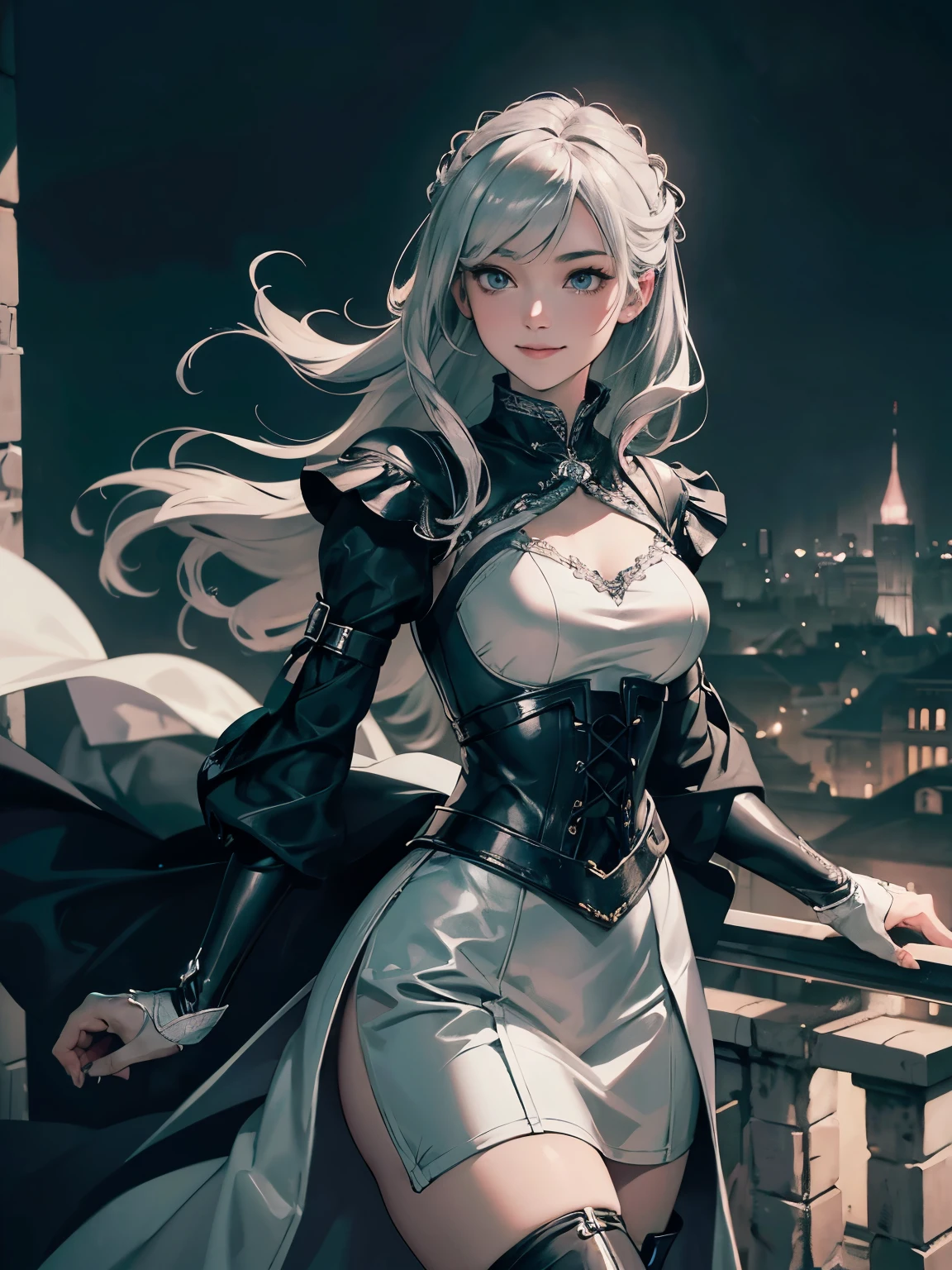 masterpiece, high resolution, high quality, super detail, best quality, 8k, An illustration for light novels with fine lines and medium saturation. A refined Kaihime-like woman stands on a rooftop looking at the dawn sky, smiling faintly. She wears a gothic-style dress in charcoal with pale pink and silver accents, charcoal stockings, leather boots, and long silver gloves with charcoal fingertips., cinematic lighting, chiaroscuro, masterpiece, high contrast, high quality, super detail, best quality, wearing white elegant blouse with white collar on upper body