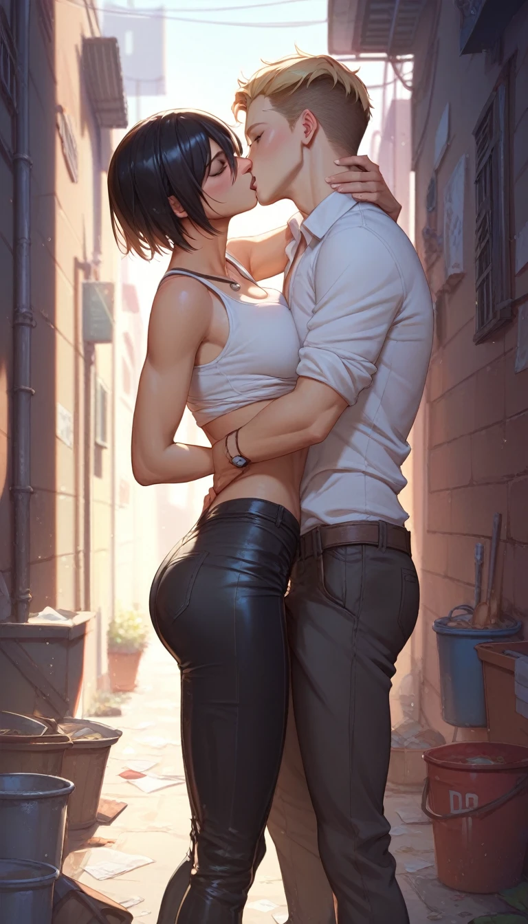 Mikasa Ackerman、male kissing her face、background The back of the alley