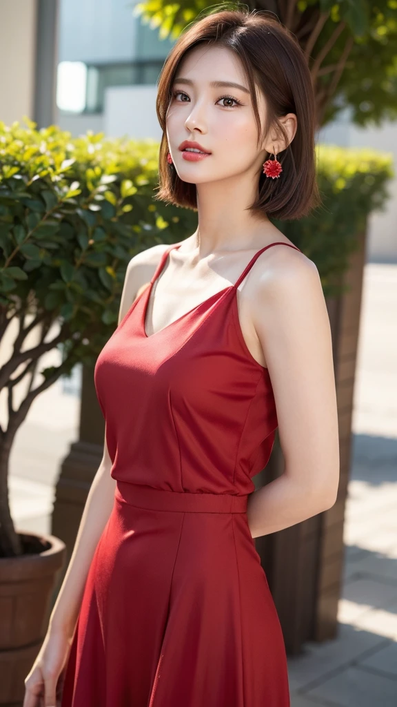 Asian sexy female model on the street。and his car，Cool red sedan，Long legs，Slim figure，Delicate facial features，ultra fine detailed，Cinematic lighting realism，8K，k hd，Smooth skin，Works of masters，V-neck full body dress