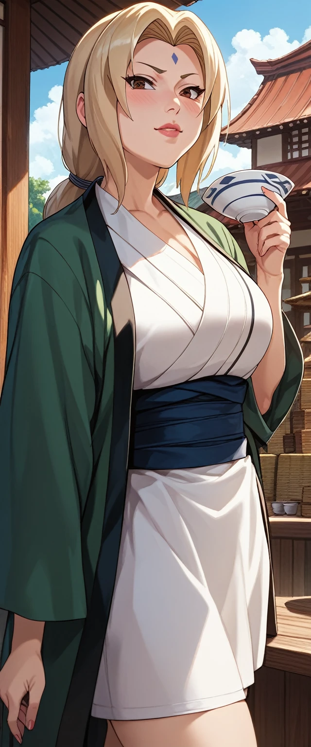 highres, sharp focus, pixiv masterpiece, ((intricate details)), highly detailed,  upper body shot, 1girl, mature, blonde hair, blue forehead mark,white kimono, green jacket, sash, tsunade_senju, blush, drinking sake,Score_9, Score_8_up, Score_7_up, Score_6_up, Score_5_up, Score_4_up, Source_anime, Tag1, Tag2, Quality_masterpiece, Anatomically correct, Beautiful face, Perfect face, Highly detailed beautiful face and eyes, Attractive face, Detailed face, Delicate facial features, Detailed skin, medium breasts, Wide hips, medium butt, big butt, Thick thighs, Sensual woman, Mature female, Milf, Motherly, Seductive, Embarrassed, Shy, l Looking at viewer, Rating_Explicit, Hetero, 