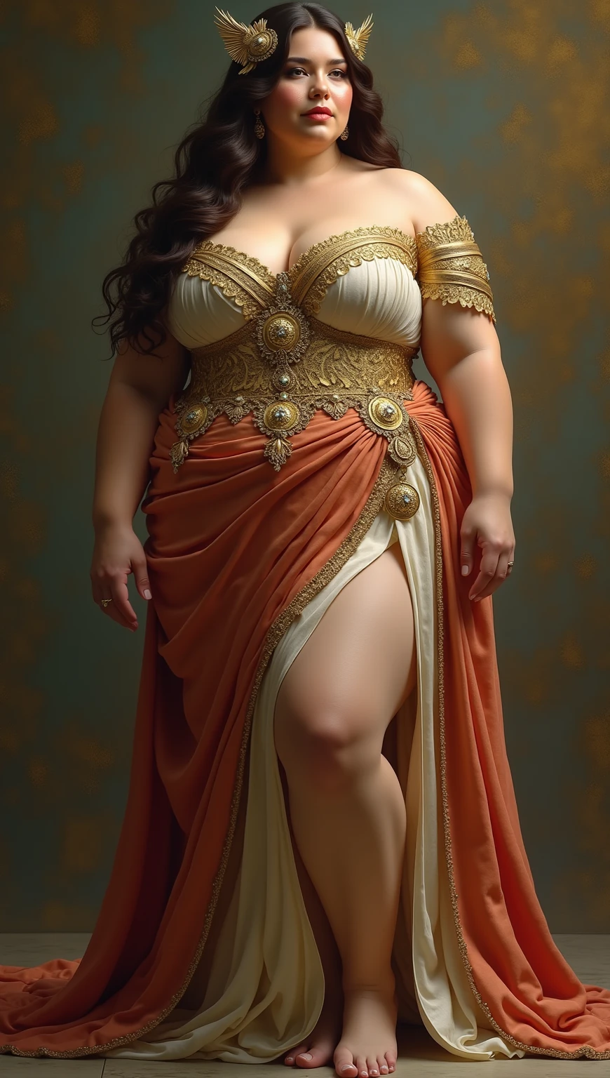 Fat Woman、french dynasty、Diana、Shoulders exposed、Beautiful expression、Plump body、confident pose、、Dignified、Big belly、thick thight、diadems、There&#39;There&#39;There&#39;There&#39;s a bright light behind me、Dresses like swimsuits、jewel decoration on dress、Luxurious decoration、Looking at the camera、A smile、low angles、Wearing a crown、luxurious palace、Palace balcony、Wearing a cloak、Stand with pride、realisitic、