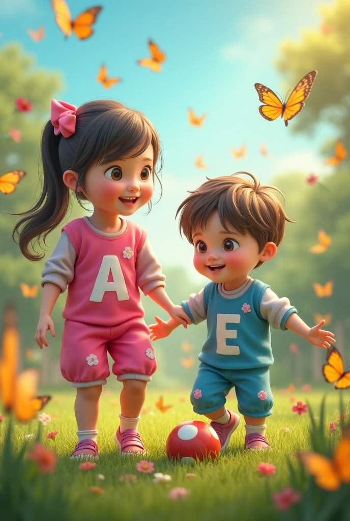 two girls, one on each side, holding the paws of a small blue teddy bear, walking in a garden
