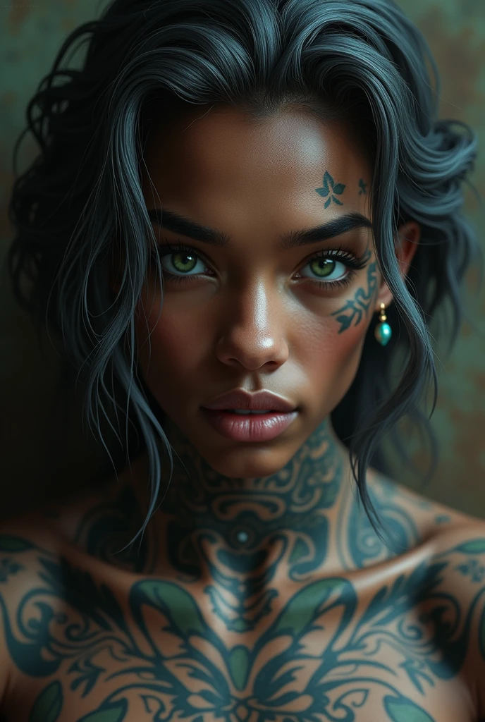 1closeup de uma garota 18 anos tatuada no rosto todo ((AFRO AMERICANA)), ((cabelo curto e liso com franja)), sorrindo,((with various tattoos on his face)),( fleshy lips)olhos grandes,sardas no rosto ,batom vermelho,( pircing on the lip),colar, brinco, e maquiagem, Angle of the face up close, Looking at camera