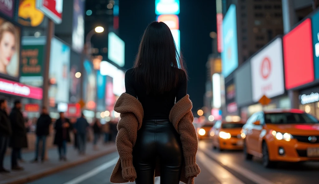 a young cyber fashion girl is standing on the shibuya traffic load in japan, back view, zoom out, hyper real, photo real, high contrast, 8k, high resorution