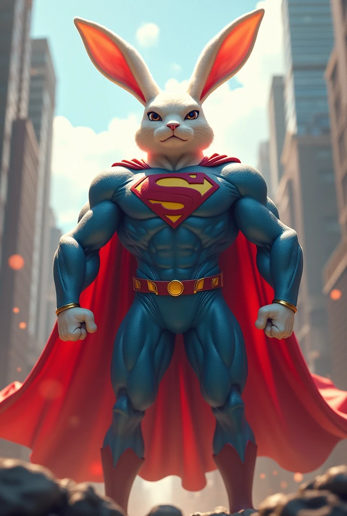 (Masterpiece, Superb Quality, Super Delicate, High Resolution) Superman bunny, photo-realistic, octane render, unreal engine, ultra-realistic