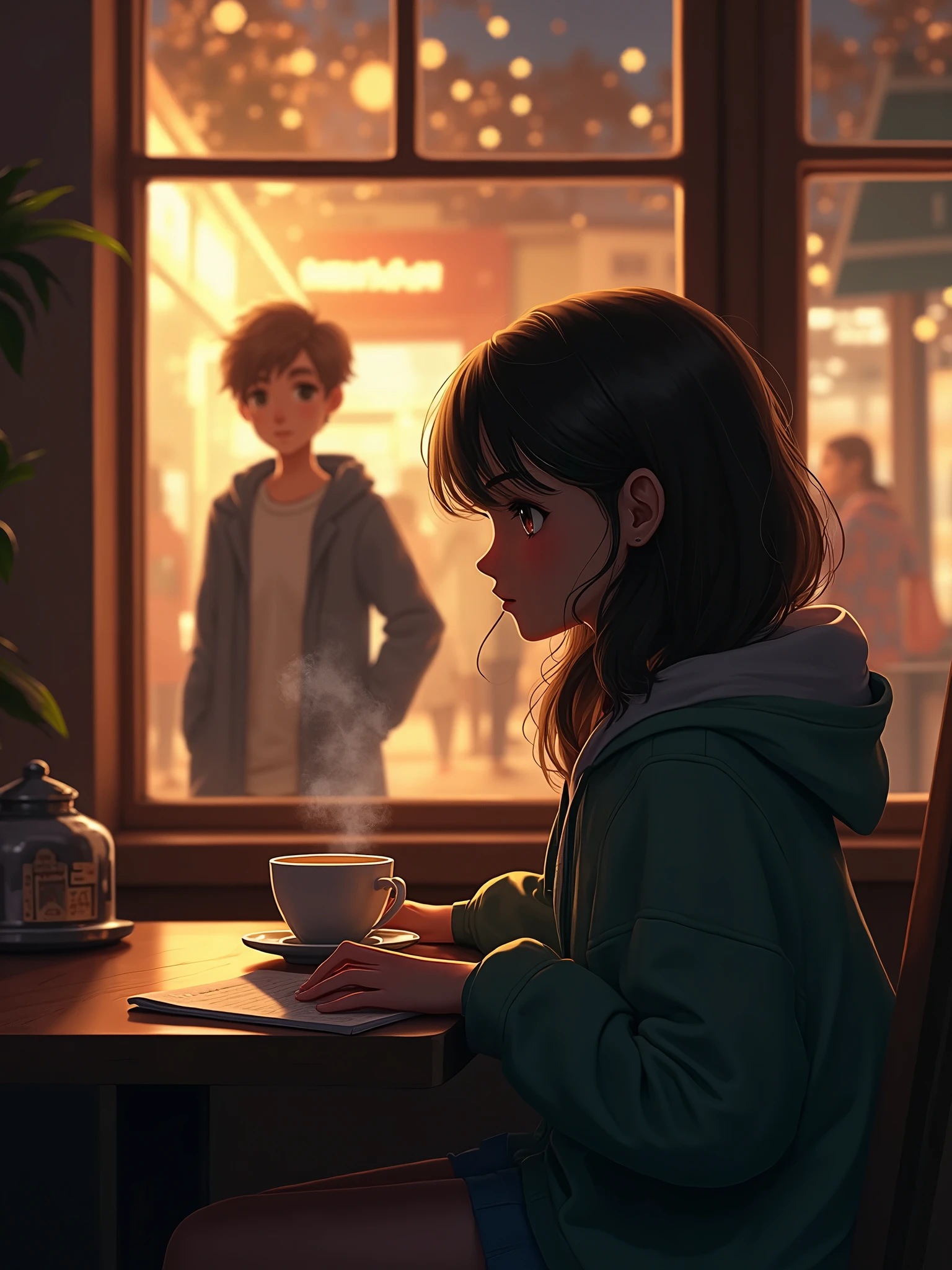 Anime girl sitting at a table with a cup of coffee - SeaArt AI