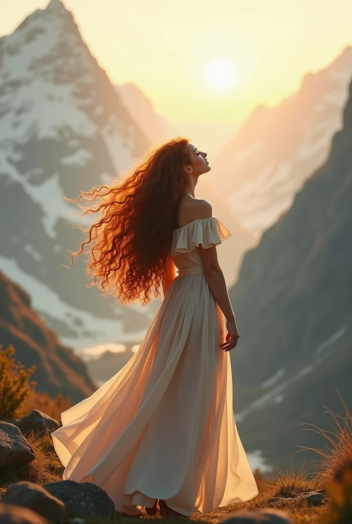 Photorealistic image of a woman with mixed white European skin kneeling wearing a long dark orange dress covering her entire body and a pink veil covering her light brown eyes,Long straight hair in light brown and blonde with natural eyebrows, against a light blue background with sunlight shining down on a mountain with a blurry shadow of a man in the distance.