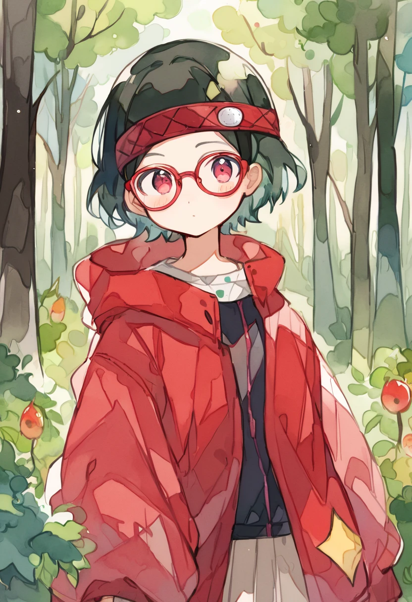 Watercolor colorful,sarada,girl,,solo,black hair,spicky short hair,glasses,red jacket with black linning,fore-headband,in forest,trees and leaves,sarada uchiha