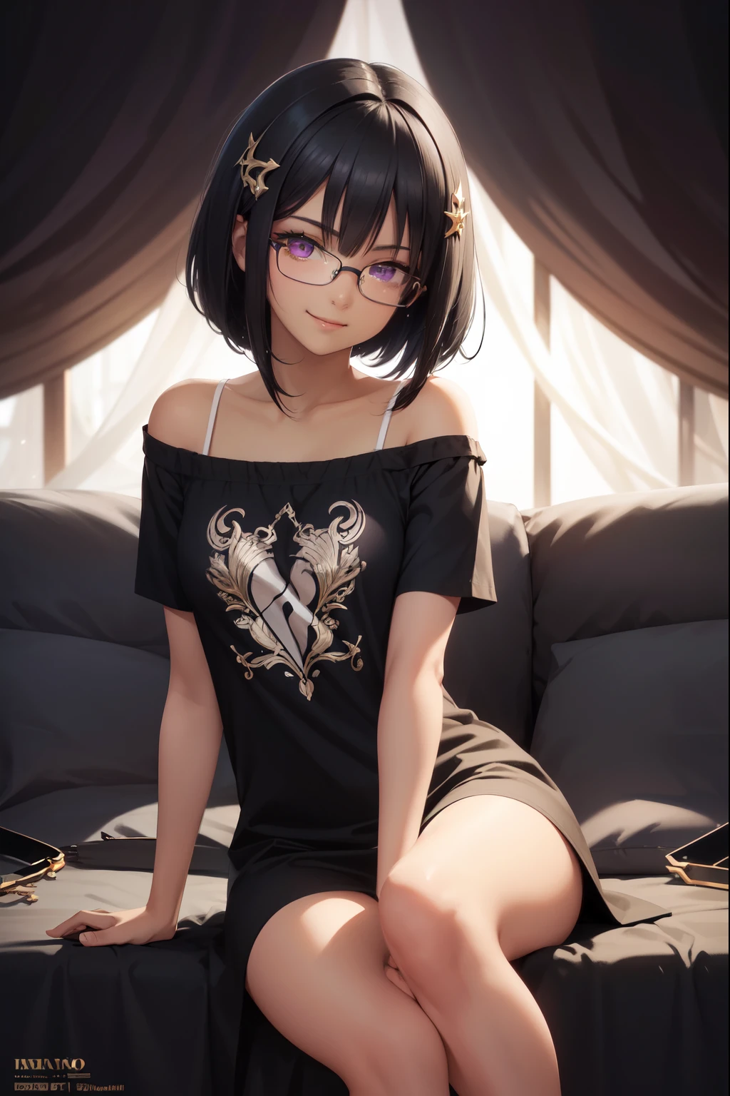 sounasitri, souna sitri,  short hair,  black hair ,  hair ornament, glasses, hairclip, blows, blunt blows, ( purple eyes:1.1),
( masterpiece:1.2),  The best quality,  High resolution, 8K Wallpaper, ( illustration:0.8), ( detailed eyes and beautiful :1.6),  extremely detailed faces,  Perfect lighting ,  wallpaper cg , (manos perfectas,  perfect anatomy),  masterpiece ,  The best quality, highres, aajusticia , long hair,  black hair,  dark skin, tan,  bare shoulders ,  black dress,  session,  crossed legs , smile irónica, smile, In anime style　 black hair  corto　Beautiful girl　１２Age　Copa F　 White T-shirt 　nothing good　searching for　 top view 　One person&#39;S