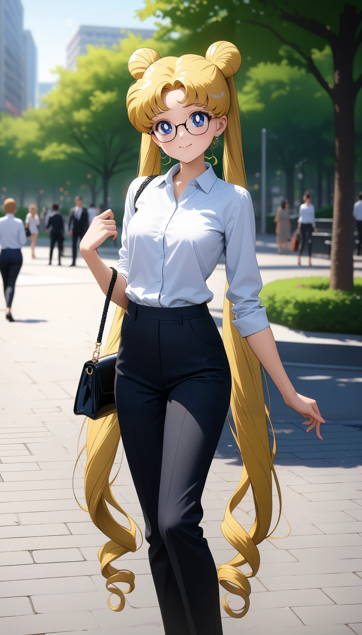 (masterpiece), best quality, very aesthetic, ultra detailed, complex details, 4K, aausagi, blonde hair, double bun, twintails, long hair, blue eyes, small breasts, white business shirt, glasses, black formal trousers, women's handbag, high heels, street park, standing sexy poses, smile