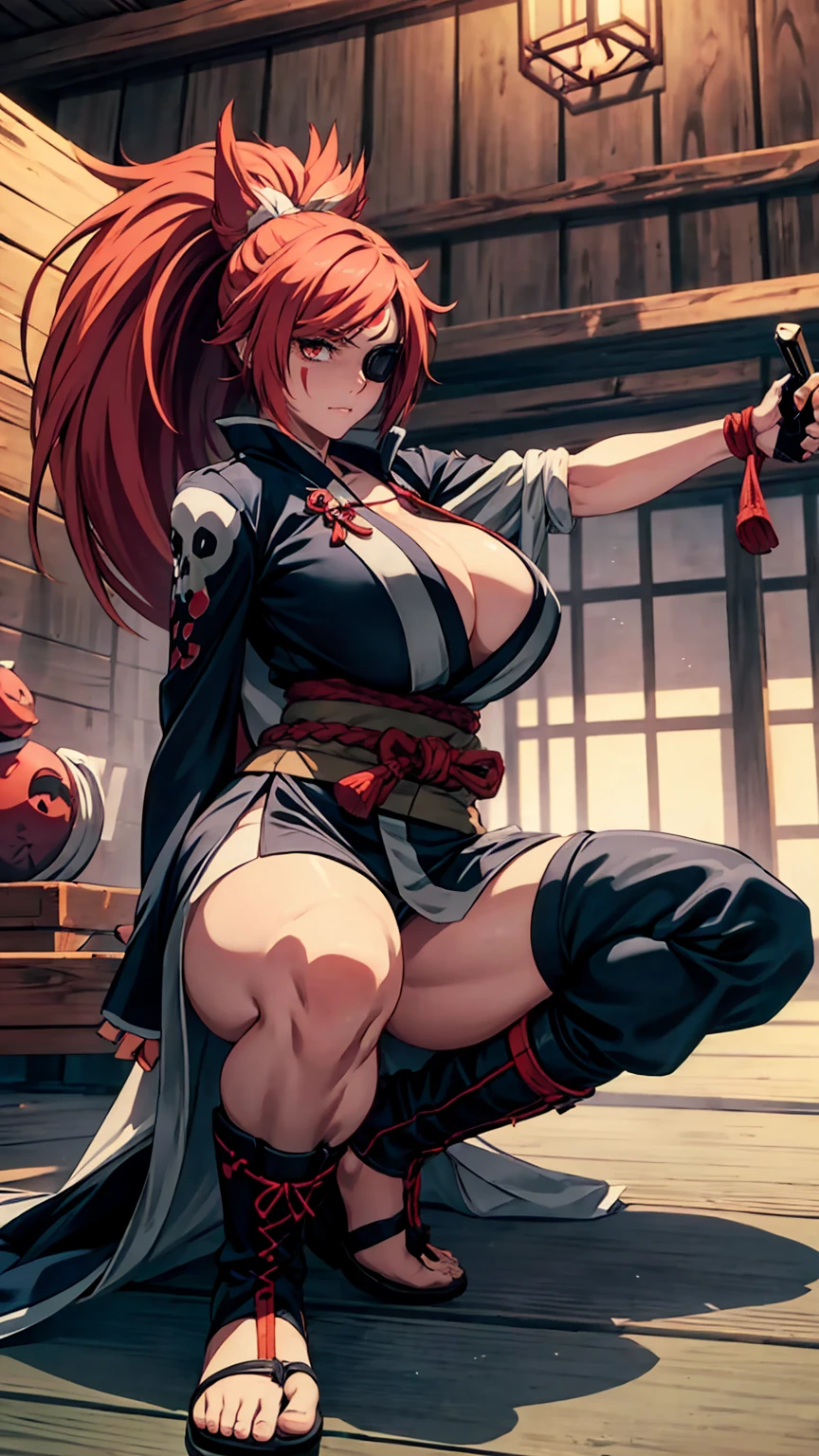 Baiken has long pink hair, (red eyes :1.2) which in her first appearance looked reddish-orange, worn in a ponytail, as well as peach eyes. A red tattoo adorns her right eye and forehead, while her permanently-closed left one has a scar over it; in Xrd, she wears a goggle-like eye patch with a tsuba in it, in strive the tsuba was removed . She has a clawed grappling hook in place of her missing right arm alongside other weapons such as a slashing fan, cannon, shotgun, etc. Across her appearances, she wears a revealing red, black and white kimono with a torn right sleeve, as well as black greaves and sandals. In Xrd, Baiken also has a black gakuran with a white skull on its right sleeve, which she wears over her shoulders like a cape. Her sandal footwear resembles boots, and uses a sarashi to cover her groin area. Baiken's hair has become fuller with two tufts pointing upward like cat ears. The sheath of her katana was originally black, but is now red. In her -Strive-, Baiken's hair is noticably more wilder, longer and reddish in appearance. Additionally, the rope around her waist is now pink, as opposed to its previous red color from Xrd , (wield perfect katanna :1.2) (extremely detailed 8k wallpaper CG unit: 1.1), (masterpiece :1.0), (big body muscular :1.2) (big :1.4) , (background dojo samurai wood) , sitting like a queen in table wood , focus shape .
