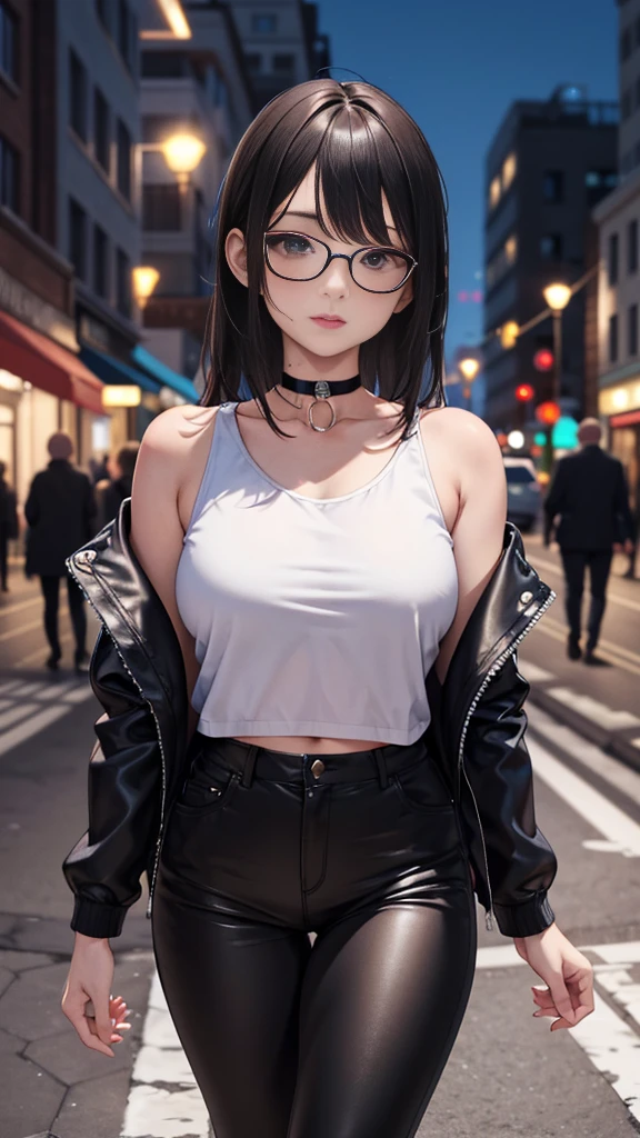  masterpiece, (improve quality 1.2) ( Detailed facial features 1.1), ((8K Wallpaper)), (beautiful woman and white skin 1.3), 1 mqmf ( big mules 1.2), short blue-black hair, (tight lycra shorts), solution, ((Skinny body)), (big 1.3), ( Long black stockings), (fitted white shirt), (short black leather jacket), and white glasses, (( asian facial features 1.2)), (with a choker around her neck), ( eyes the color of honey), leaning on a railing and (( In the background a city at night and with rain 13).
