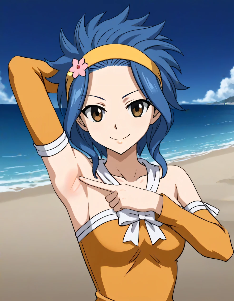 levy mcgarden, brown eyes, blue hair, short hair, sidelocks, hair ornament, dress, bare shoulders, collarbone, flower, detached sleeves, hair flower, strapless, headband, short dress, strapless dress, orange dress, high quality, closed mouth, arm behind head, spread armpit, looking at viewer, smile, solo, (contrapposto), armpit, upper body, night sky, beach, best quality