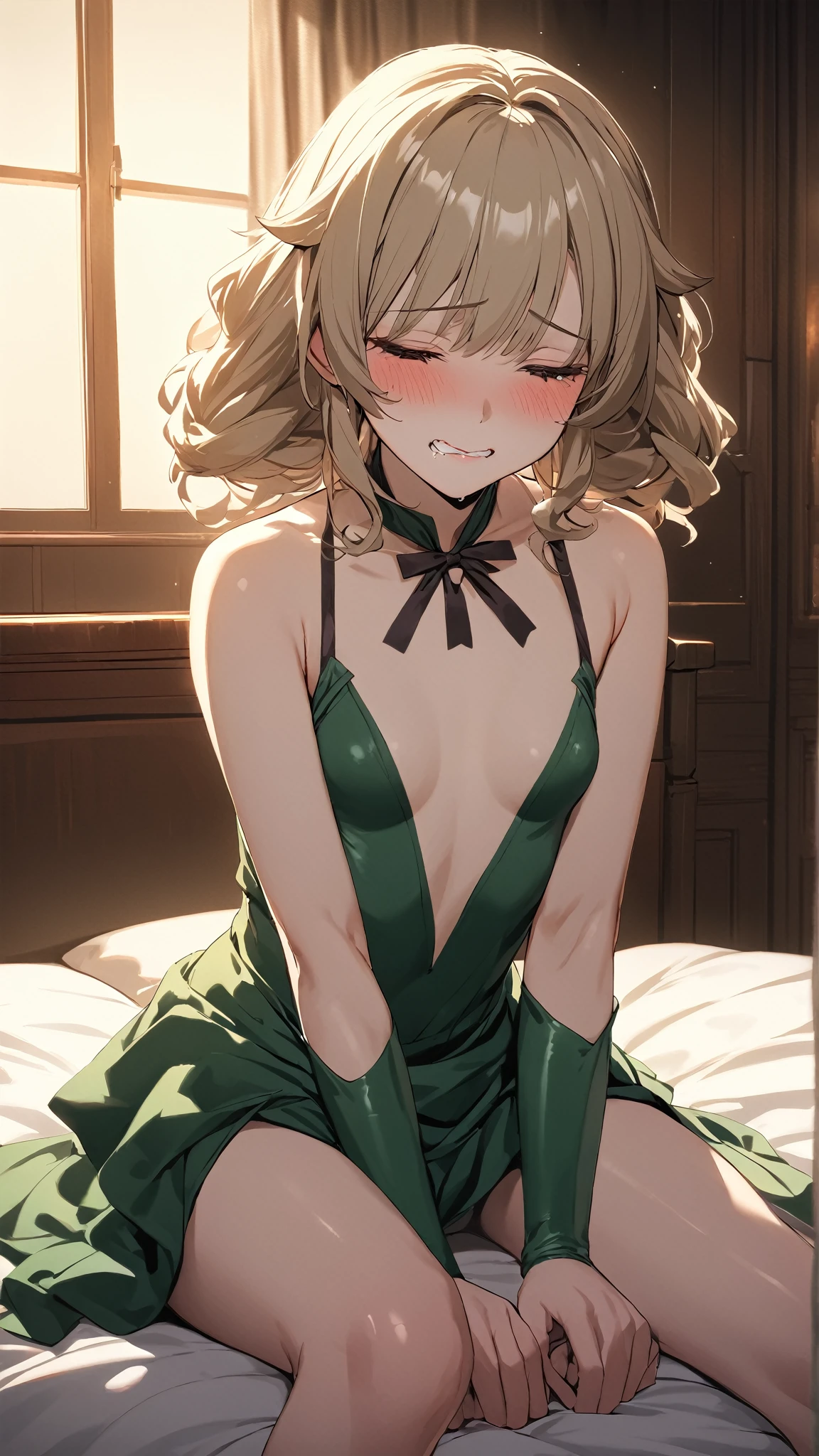 1 girl, short bright gold hair, green eyes with slit pupils, green lingerie, green panties, garterbelt with green stocking, laying top of bed, bedroom, wet, drenched, ?????? perked out from under bikini, ?????? see through bra, embarrassed,