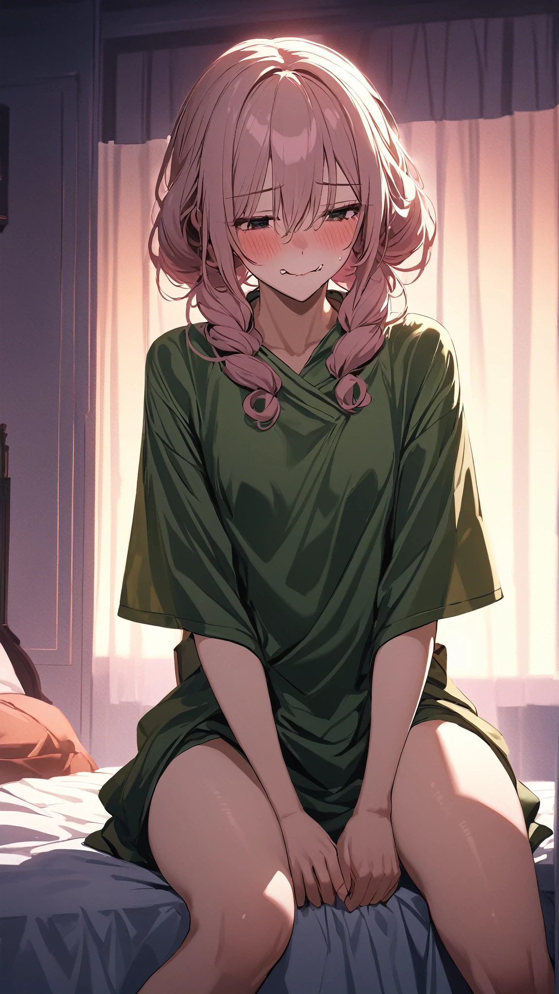 Pink hair,Forehead,Bangs parted in the middle,Purple eyes,Cute Boy,Green Dress Shirt,Short bob cut,Curl hair outward,bed,ssex,bottom less,Open your clothes,Soio,Erection of the penis ,m-shaped open legs,Yaoi