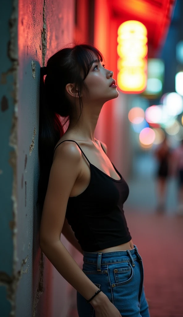 (8K, RAW photo, Best quality, Masterpiece:1.4),(Bare back 1:1.5),back to the viewers,超高分辨率, (Realistic, photo-realistic:1.48),Omertosa,1girll,(Kpop idol), (aegyo sal:1),Cute, (super bokeh ht city center:1.25), Bokeh, Nig Traffic Lights, road signs, rain, after rainny, Wet, Professional lighting, Detailed lighting, photon maping, Radio City, Physically-based rendering,back lit lighting, Depth of field, Natural lighting, hardfocus, filmgrain, One meter shooting distance, professional photoshooting, photographed with a Sony a9 II Mirrorless Camera, Detailed eyes, Realistic eyes, detailed shadow, view the viewer, Detailed lighting, (Small Thong pantieer legs, (detailed hairs, photo-realistic hair, Realistic lighting, realistic shaded, realistic dress), Realistic skin, (Waist gun:1), Realistic reflection of light from above, ((arms back behind)),(with hands behind her back),tube top,Sexy,Night,Weaineddegirl