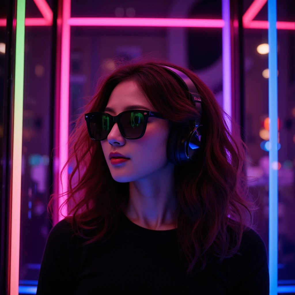 Brown hair . beautiful woman with curly hair and sunglasses wearing full size headphones - ear piece or surround dark room neon cyberpunk at night coordinator neon glow