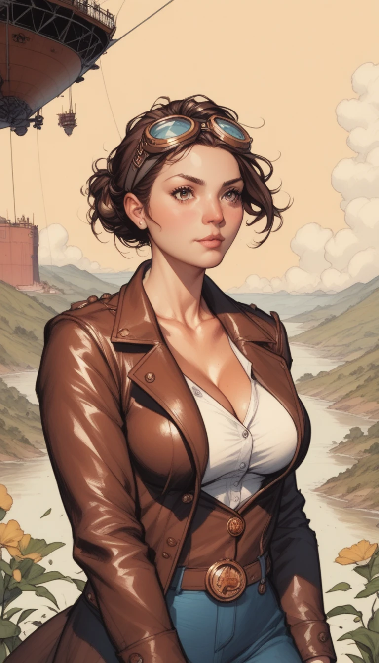 (Masterpiece, High Quality, 8K Resolution)
Prompt: A steampunk aviator woman clad in a leather pilot jacket with brass buttons, long brown hair blowing in the wind, and goggles, standing beside a massive brass and wood airship, with propellers spinning in the background. , Anime style, , GeGe, brown eyes, brunette, large breasts, deep cleavage, , (full-figured body)
, simple lines, romantic tones in a fantasy style (watercolor style, mixed with painting) (Surrealism), 