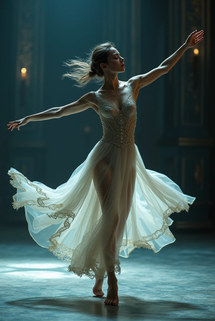 A lovely android woman, obviously mechanical arms and legs, shimmering sheer white gown, backlit eyes) performing ballet with large sweeping movements, spotlight, center stage
