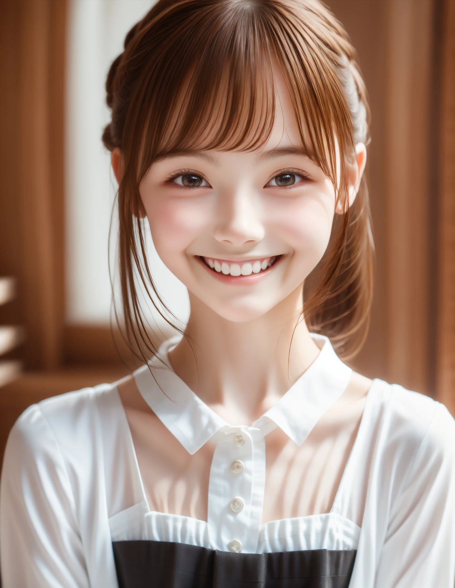 Maid,cute pretty girl,masterpiece,high definition,4k,8k,16k,chignon hair,brown hair,skinny,thin body,smile