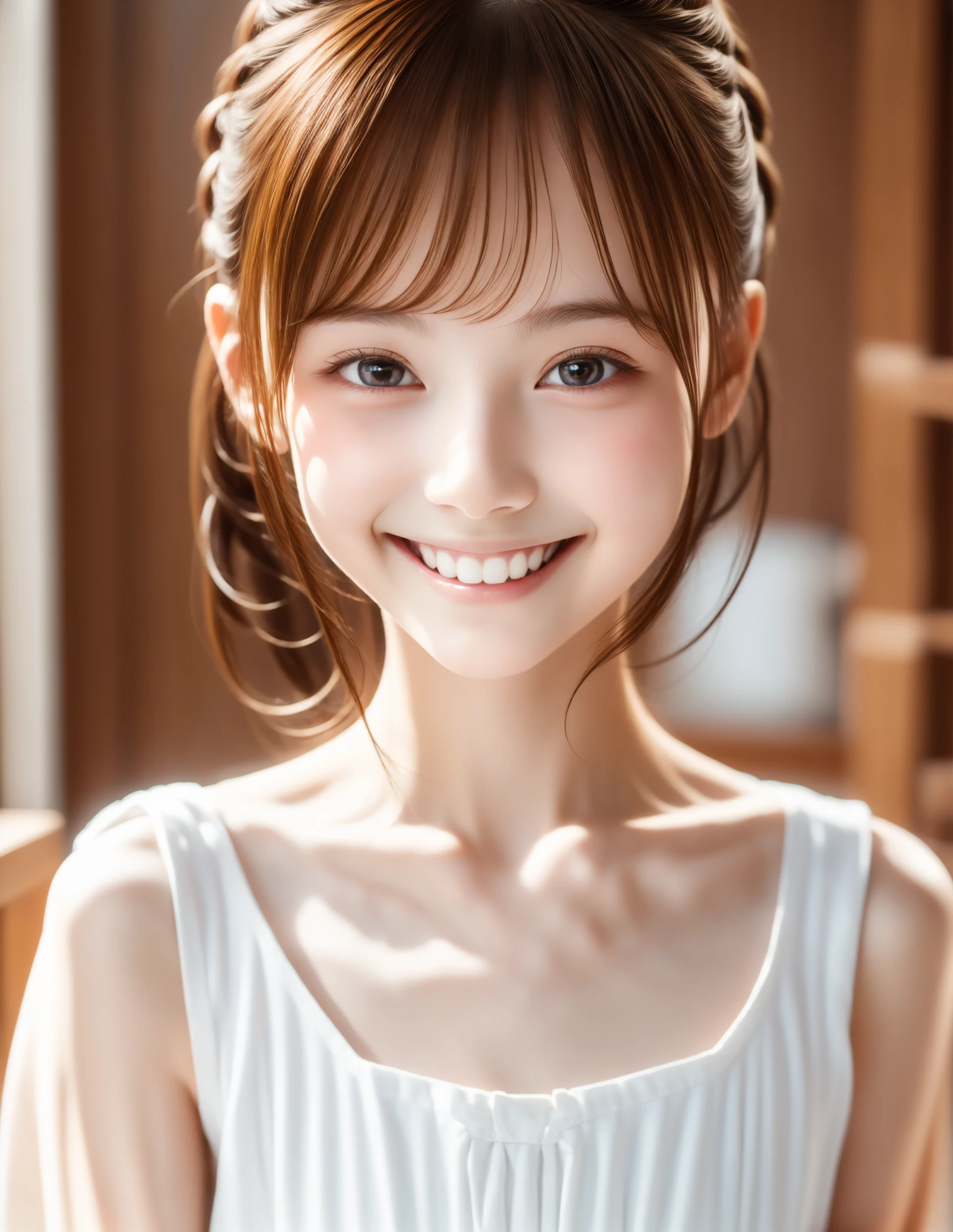 Maid,cute pretty girl,masterpiece,high definition,4k,8k,16k,chignon hair,brown hair,skinny,thin body,smile