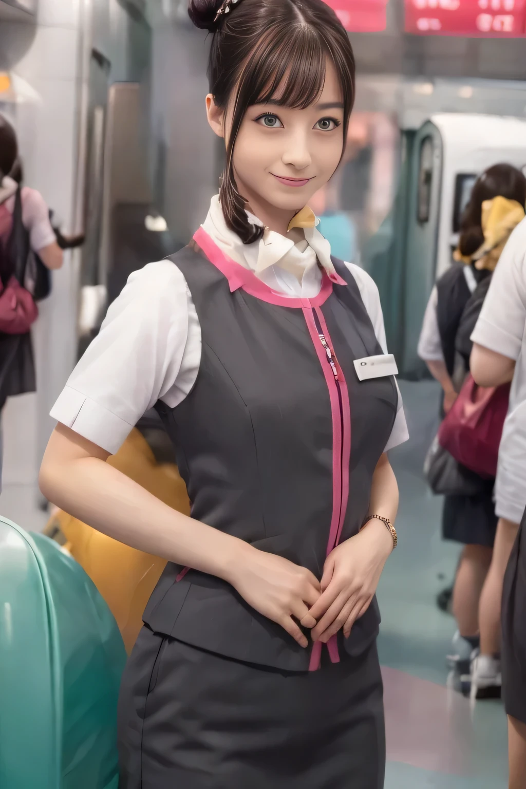 (masterpiece:1.2,  best quality:1.2), 32kHDR,  high definition , (Alone、 1 girl)、（Ride the bullet train 、 professional lighting）、Car interior background、（Realistic style of JR Gran Class crew wearing uniform）、Short sleeve blouse、Scarf around the neck、（ JR Gran Class crew uniform with pink parts on the sleeve of the skirt ）、（ JR Gran Class crew uniform with pink lines on the front zipper of the vest）、  Lots of dark brown hair 、（Hair tied up、 bun hair、bread）、  Lots of dark brown hair 、Long Hit、Big Breasts、（（：2.0）），（（ Harmonious Body Proportions ：1.5）），（（Normal limbs：2.0）），（（Usually refers to：2.0）），（（ delicate eyes ：2.0）），（（Normal eyes：2.0））)、smile、Beautiful position,Place your hands around your stomach