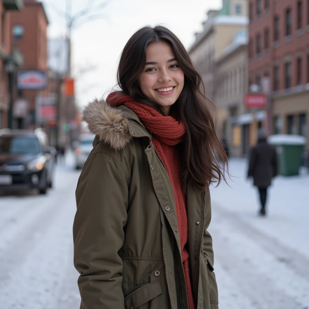 (morning), 1girl, solo,  looking at the audience, winter, cowboy shot, (downtown), cowboy shot, smile, black hair