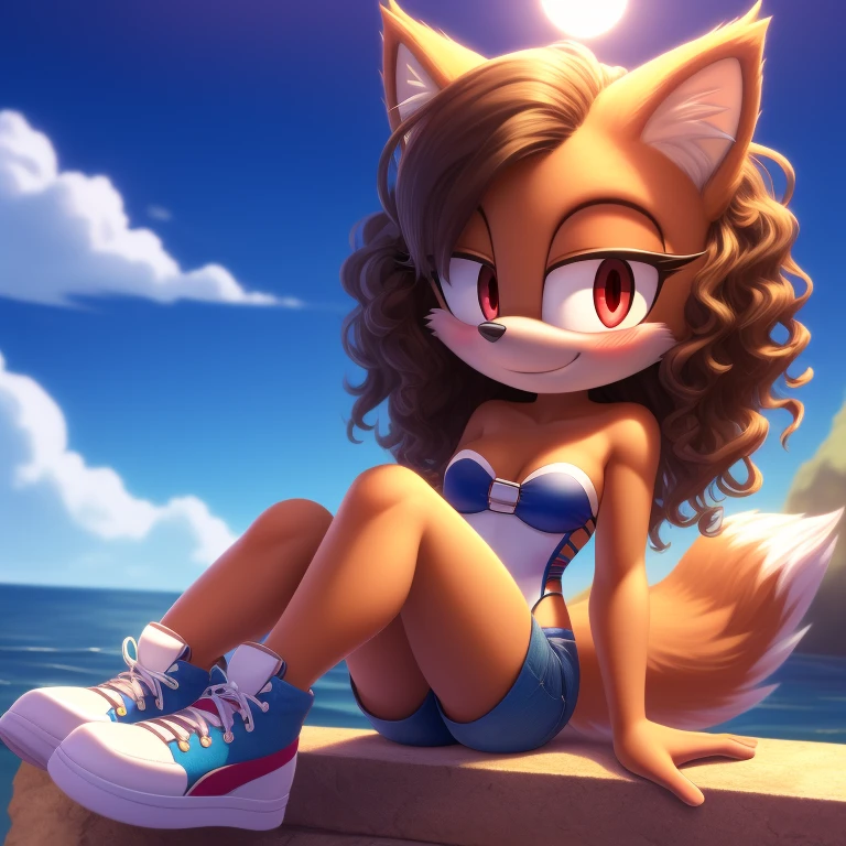 mobian, Alone, Sea urchin,  two-tone skin  ((orange fur,  brown fur )),  strapless swimsuit, neckline, tight jeans,  high top sneakers ,  small breasts ,   striped hair  ( brown hair, black tip )),  curly hair , halo, Sunglasses, jewelry, red eyes,  long eyelashes , red eyes, smile, shy, blush, pose,  High level of detail ,  masterpiece ,  Ultra high definition ,  Anatomically correct ,  super detail , highres, 4k