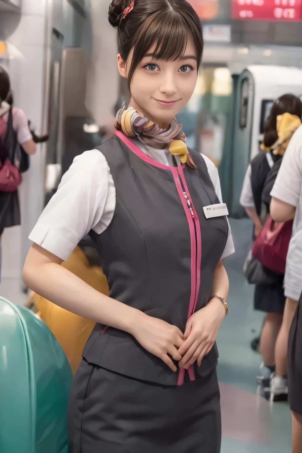 (masterpiece:1.2,  best quality:1.2), 32kHDR,  high definition , (Alone、 1 girl)、（Ride the bullet train 、 professional lighting）、Car interior background、（Realistic style of JR Gran Class crew wearing uniform）、Short sleeve blouse、Scarf around the neck、（ JR Gran Class crew uniform with pink parts on the sleeve of the skirt ）、（ JR Gran Class crew uniform with pink lines on the front zipper of the vest）、  Lots of dark brown hair 、（Hair tied up、 bun hair、bread）、  Lots of dark brown hair 、Long Hit、Big Breasts、（（：2.0）），（（ Harmonious Body Proportions ：1.5）），（（Normal limbs：2.0）），（（Usually refers to：2.0）），（（ delicate eyes ：2.0）），（（Normal eyes：2.0））)、smile、Beautiful position,Place your hands around your stomach