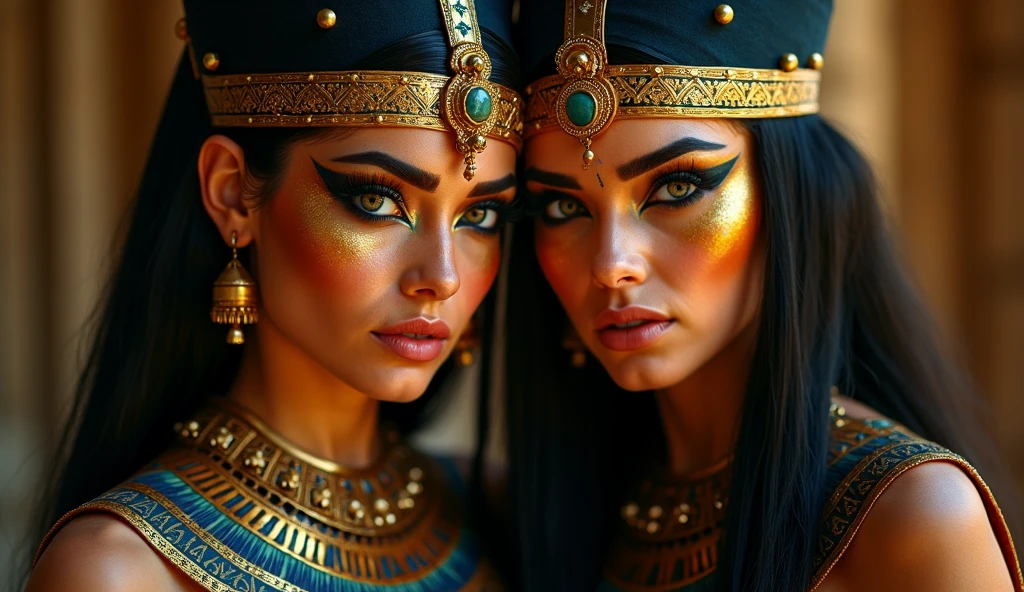 adult Egyptian woman, green eyes, black hair flaps, makeups , upper body, looking at viewer, detailed background, detailed face, OldEgyptAI, ancient egyptian theme, feral jungle warrior, pink tribal clothing, obsidian, defensive stance, stone knife, bushes, poisonous plants, rocks, humid climate, darkness, cinematic atmosphere,
dark chamber, dim light, zentangle, mandala, tangle, entangle, (golden, red, blue and green tone:0.5)
(35mmstyle:1.1), front, masterpiece, 1970s film, , cinematic lighting, (photorealistic:1.5), high frequency details, 35mm film, (film grain), film noise, (2girls:1.2), (kiss:1.3), (eye contact:1.2)