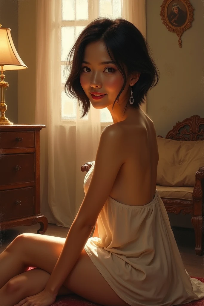 " A beautiful Indonesian woman with short hair ,  wearing a light and short dress ,  sits in a seductive pose in a warm room .  With a gentle smile and a sharp gaze , she looks towards the window ,  but there is a seductive impression ode to its mysterious expression .  The soft light from the lamp shines on her face ,  creates a subtle shadow on her smooth skin . Surrounding,  the atmosphere of space is depicted with thick and expressive brushstrokes ,  gives the impression of movement in the air .  Wood furniture with natural textures complements the warm feel of the space ,  while the walls are decorated with colors Soft blending .  Impasto gives a real dimension ,  with every energizing brush stroke that brings to life the atmosphere of seduction and full of mystery."
