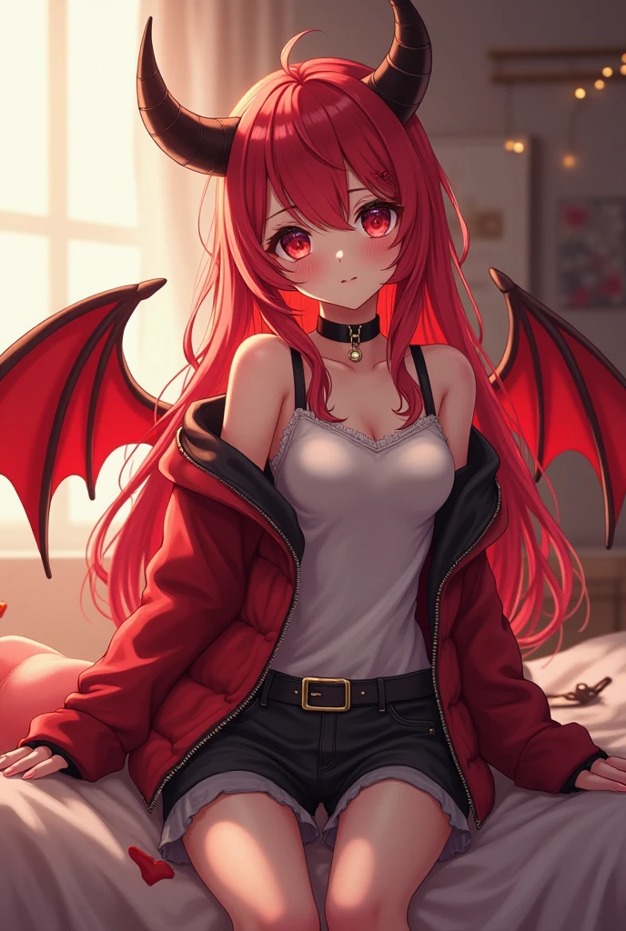 masterpiece, best quality, highres, kitagawa marin, 1girl, red hair, two side up, long hair, green eyes, pointy ears, demon horns, navel, demon tail, demon wings, crop top, long sleeves, frilled shirt collar, frilled panties, sitting, spread legs, panty shot, train interior,