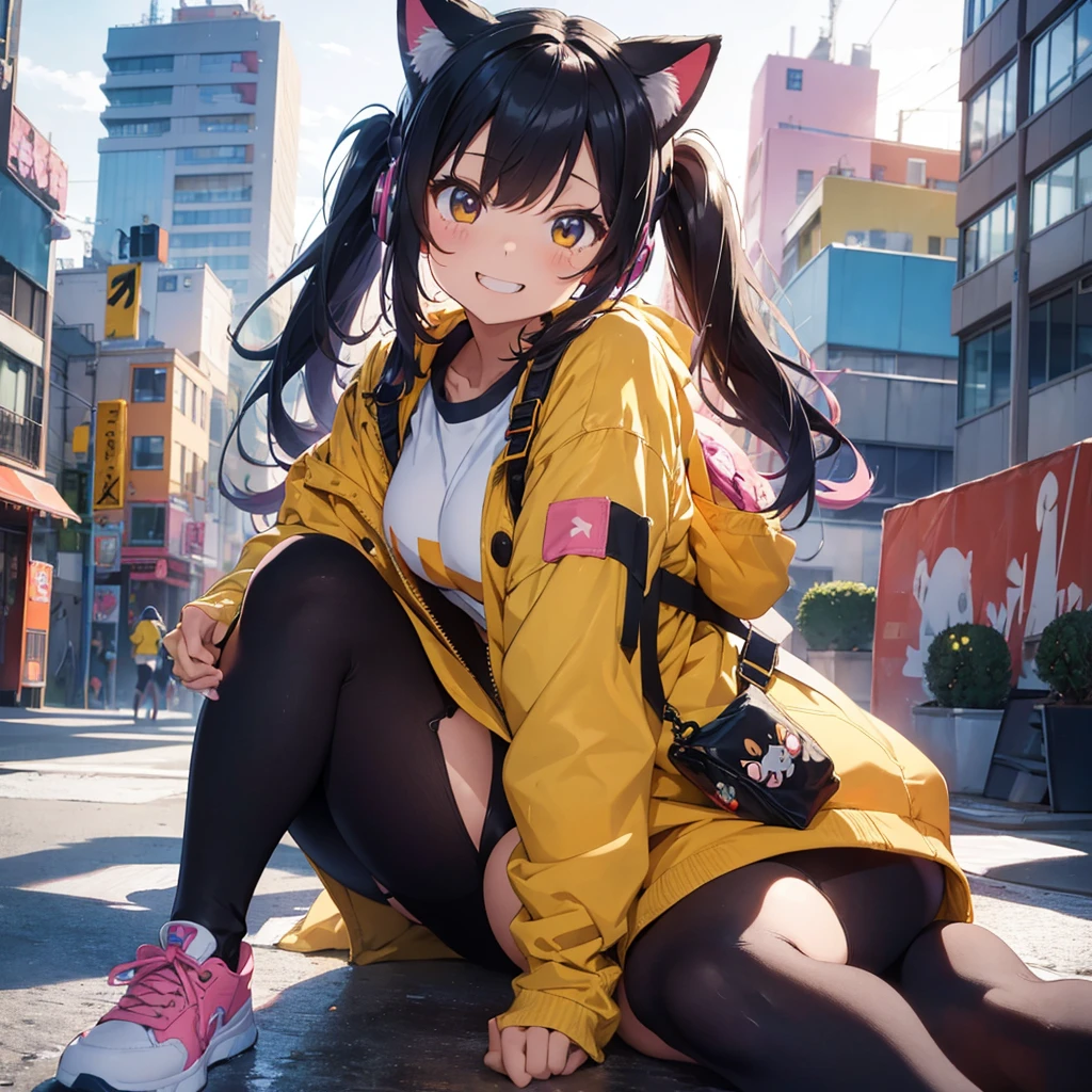 Giant Girl giant girl A giant girl is lying on the road sneakers Knee-high socks Black Stockings Skyscraper district Metropolis blue sky cumulonimbus Hands on。Unreal Engine masterpiece car crowd Five fingers Perfect hands skirt