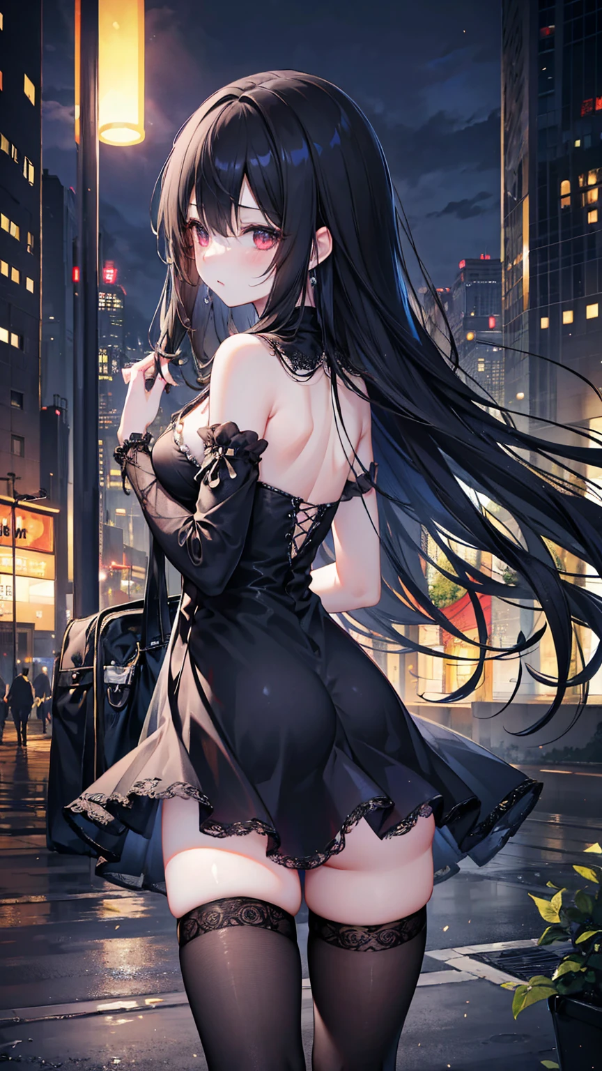 Dog 1、Woman 1、Red miniature dachshund、Red miniature dachshund long hair、dog&#39;color is red、woman with very long black hair、Spectacular views、Night Scene、The view from the top of the hill、Full moon night sky、swirling starry sky、８K、Best Quality、詳しいdogの顔、The woman is facing the opposite direction、The whole body is in the photo、Like the night view of Tokyo、The woman is wearing a miniskirt and her underwear is visible.、The cleavage is visible、pantyhose