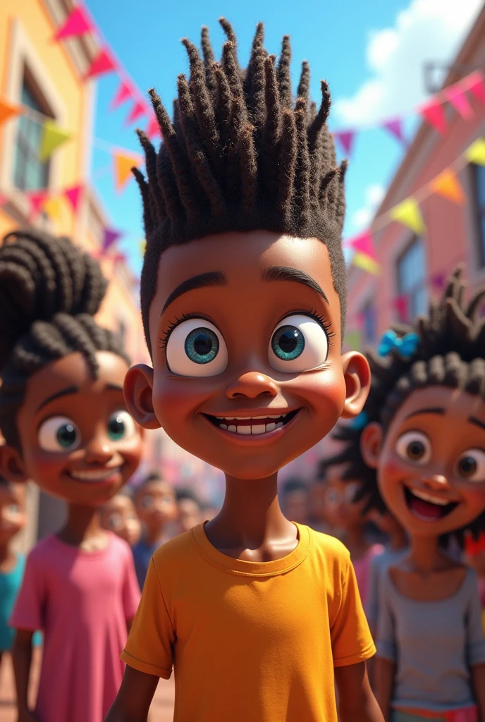 Create a black boy with curly hair, his age is 16, with a smile on his face whenever he is with his friends at school