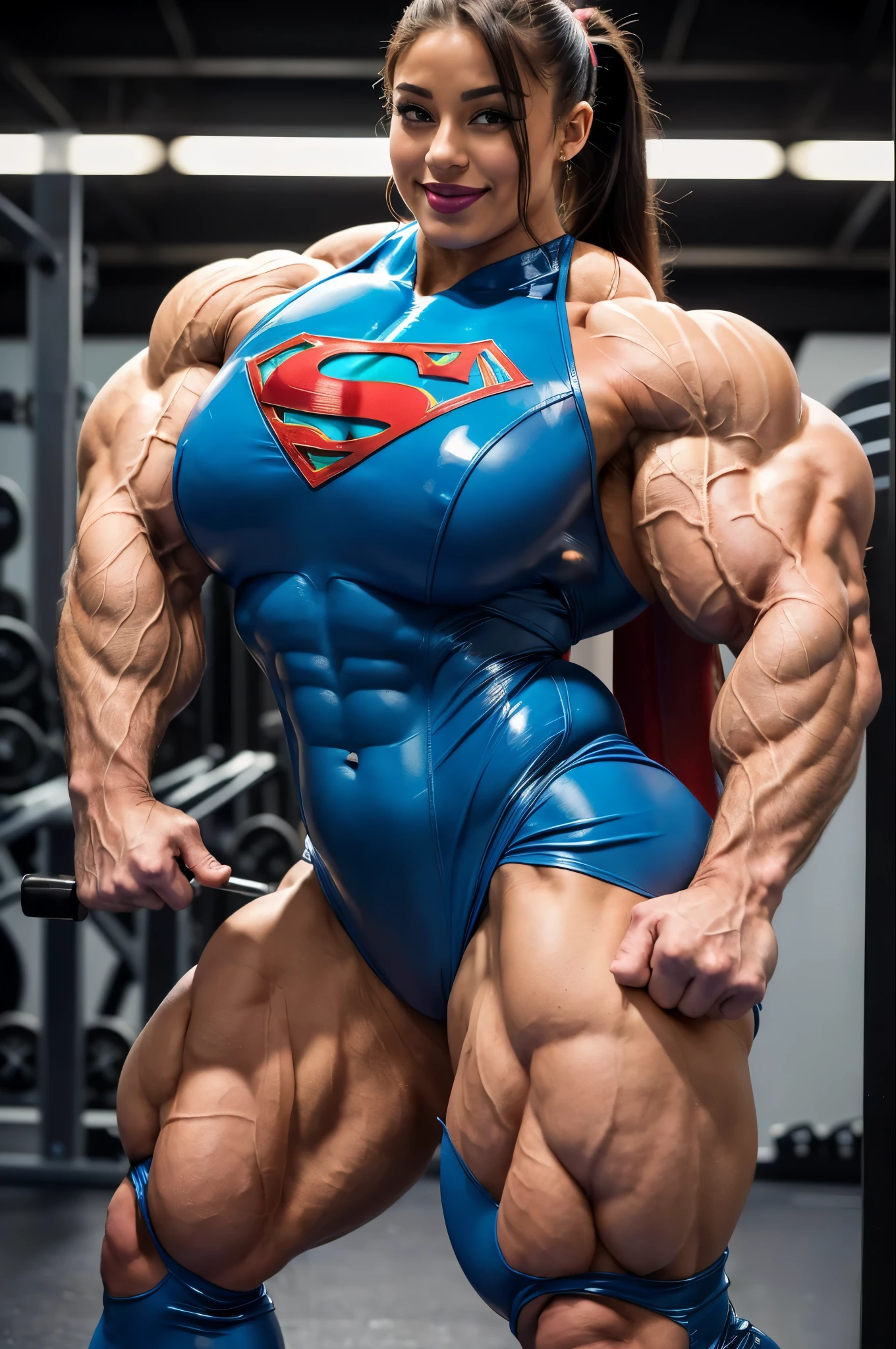 (1 girl), male body, adult, girl face, seductive face, seductive look, long pink hair, perfect muscular body, fulfilled sleeve shirt, super skinny legs, tight latex pants, sissy, (huge muscular arms:1.25),