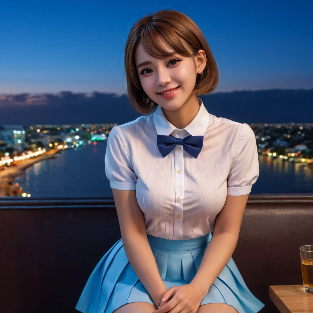 (8k, best quality, masterpiece:1.2), (sfw:1.3), (realistic, photo-realistic:1.37), ultra-detailed, 1 girl,cute, solo,beautiful detailed sky,detailed cafe,night,sitting,dating,(nose blush),(smile:1.1),(closed mouth) medium breasts,beautiful detailed eyes,(collared shirt:1.1), bowtie,pleated skirt,(short hair:1.2),floating hair