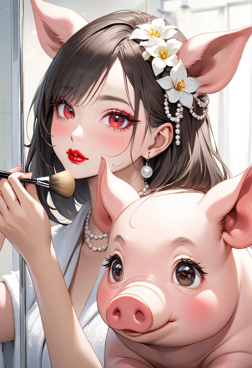 Theme: Beauty Riding a Pig Content Elements: Flower Crown, Elegant Long Dress, Bare Feet, Sexy Lingerie Made of Transparent Plastic, Showing Breasts,vulva, And warm soft light Angle of view: wide-angle Camera parameters: Leica 50mm, f1.4, shallow depth of field Rendering engine: Unreal Engine