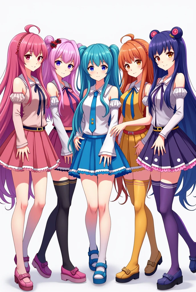 5,000 anime girls with long colorful hair wearing colorful hirajuku, wearing colorful very short skirts, colorful very long socks, and colorful hirajuku. 5,000 anime girls with long colorful hair wearing colorful very short skirts, colorful stockings, and colorful hirajuku. They take a group photo while holding each other very close, smiling slightly, and taking off their shoes so that their bodies are facing forward.