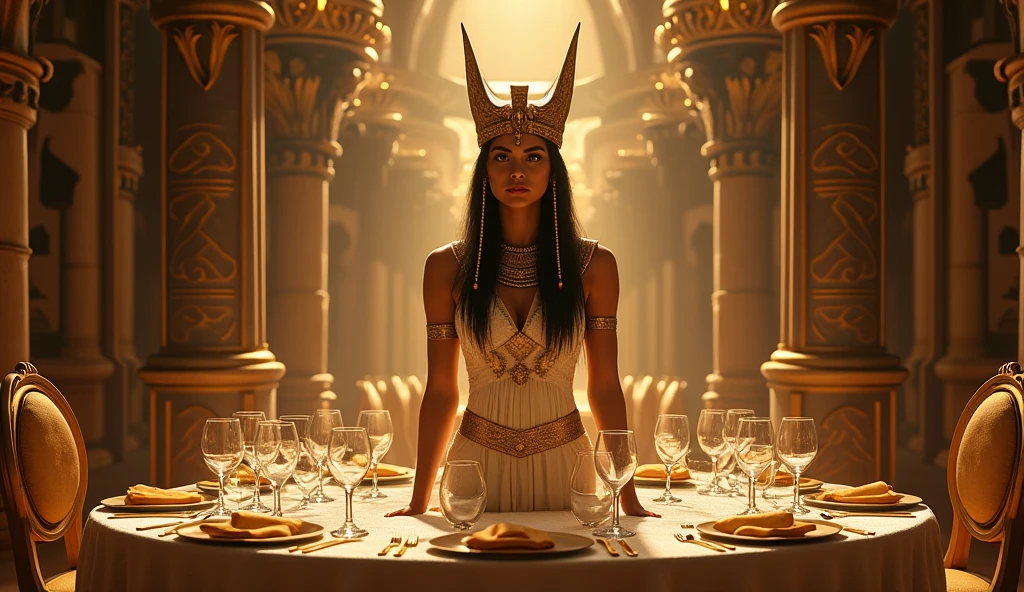 Wide angle of servants around Cleopatra sitting on the royal golden throne in interior hall of an enchanting ancient Egyptian pallace, adorned in an exquisite and chaste dress, surrounded by a loyal entourage men, emitting an alluring and magical aura, high quality, high detailed faces." High detailed faces