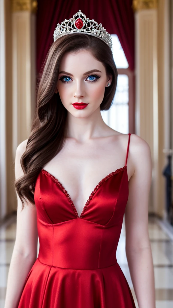 Uma mulher atraente com longo, brunette and serious face, olhos azuis, batom vermelho, Long eyelashes, cabelos semiamarrados, confiando, curved, Corpo todo, vestir, elegante, vestired elegantely,sexy, absurdo hiper realista, Foto CRU, UltraHD 8K, alta qualidade, film grain, (pele altamente detalhada:1.2 )
