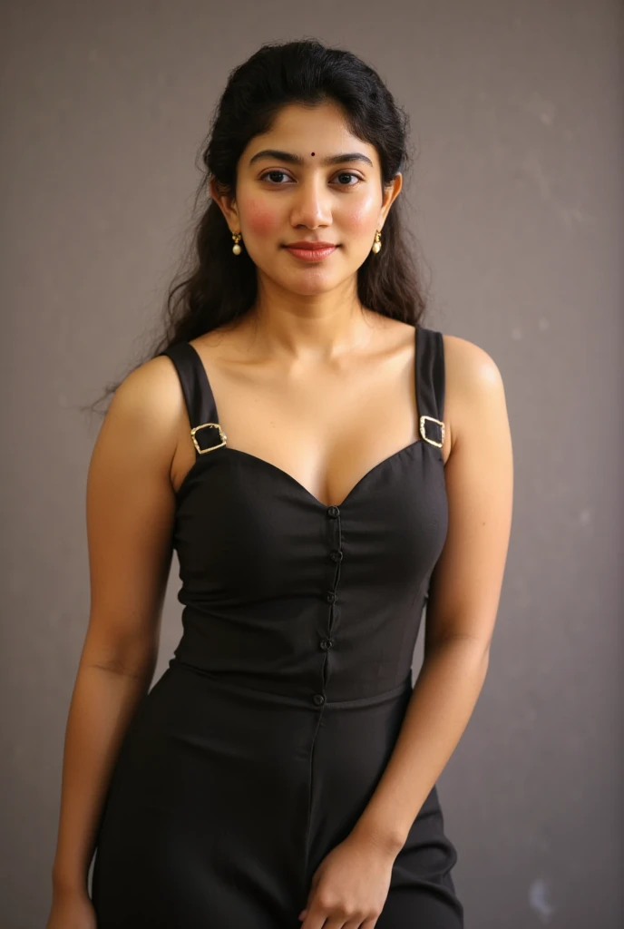 "Full-body portrait of a young woman with a confident and elegant pose, wearing a black sleeveless dress featuring a low neckline. She has a small traditional bindi on her forehead, delicate earrings, and her hair styled in a soft, wavy ponytail. The image highlights her glowing skin, graceful silhouette, and fine textures, captured in warm, flattering lighting. The background is a neutral gray with soft focus, creating a sophisticated and alluring atmosphere. Ultra-detailed 8K resolution for maximum clarity and sharpness."