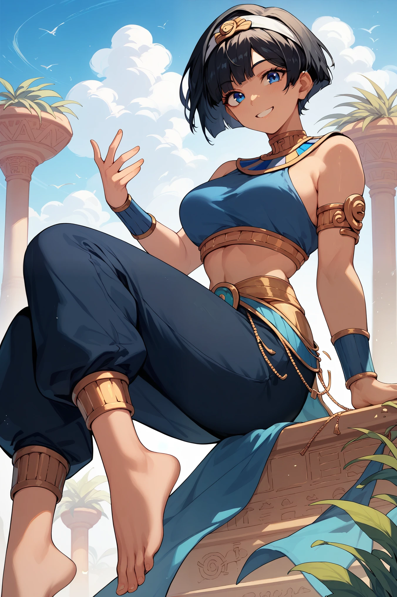 1woman, blue eyes, short black pixie style hair,pixie hair white headband,Black hair,Anime style,blue big pants,Smiling,blue top happy, sexy ,Curvy body,Egyptian style, golden details, barefoot,Egyptian style, in an oasis